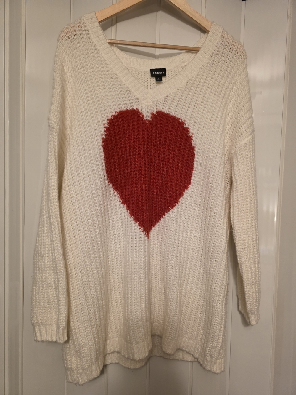 torrid Cream V-Neck Sweater with Red Heart Motif